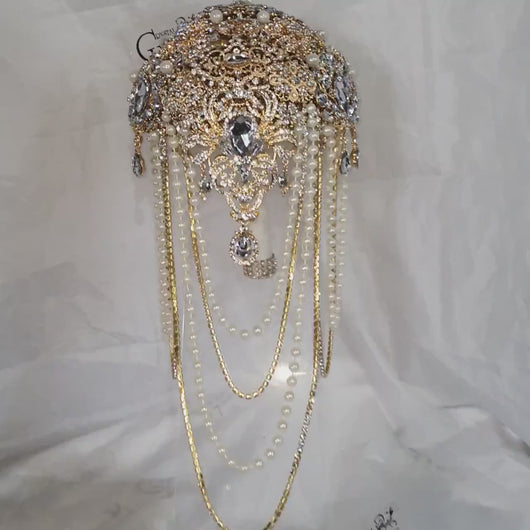 Gold Brooch Wedding Bouquet: Crystal Cascade Jewel Bridal Bouquet