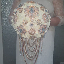 Load and play video in Gallery viewer, Rose gold Brooch and Pearl drape bouquet by Crystal wedding uk
