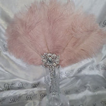 Load and play video in Gallery viewer, Blush Ostrich Feather Fan, silver bouquet. luxury Bridal Ostrich Feather Fan, Bridal Bouquet,  Great Gatsby wedding style. Any colour
