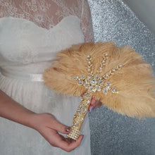 Load and play video in Gallery viewer, Feather wedding  Fan gold Ostrich feather Gatsby fan 1920&#39;s bouquet by Crystal wedding uk

