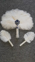 Load and play video in Gallery viewer, Feather Fan bouquet,  custom brooch bridal fan. Great Gatsby wedding style 1920&#39;s by Crystal wedding uk
