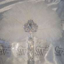 Load and play video in Gallery viewer, Feather Fan  bouquet luxury  alternative  Bouquet  Great Gatsby wedding style -ANY COLOUR  Artificial bouquet by Crystal wedding uk
