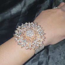 Load and play video in Gallery viewer, ROSE GOLD Wrist corsage ,Crystal rhinestone Wedding Cuff, bridesmaid Bracelet by Crystal wedding uk
