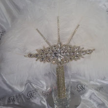 Load and play video in Gallery viewer, Feather fan  in natural white and gold , Ostrich feather wedding fan custom made by Crystal wedding uk
