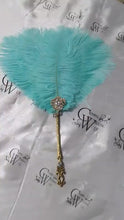 Load and play video in Gallery viewer, Ostrich feather Fan, Teal smalll Bridesmaid wedding fan- ANY COLOUR by Crystal wedding uk

