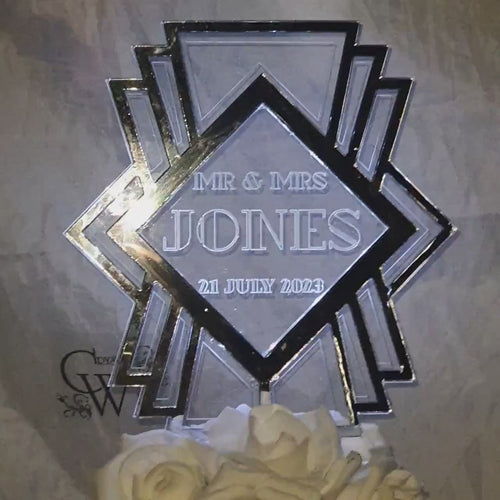 LED Wedding Cake topper - Gatsby  1920's design, Engraved Acrylic lightup by Crystal wedding uk