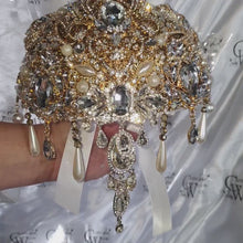 Load and play video in Gallery viewer, Gold Crystal cascade brooch bouquet, jewel bouquet, alternative Great Gatsby style wedding flowers. by Crystal wedding uk
