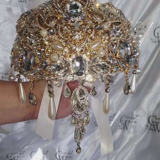 Gold Crystal cascade brooch bouquet, jewel bouquet, alternative Great Gatsby style wedding flowers. by Crystal wedding uk