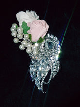 Load image into Gallery viewer, Crystal brooch wrist corsage with Pearls &amp; Foam roses by Crystal wedding uk
