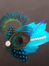 Load image into Gallery viewer, Peacock Sword Feather and Rhinestone  Buttonhole boutonniere,hair clip Wedding
