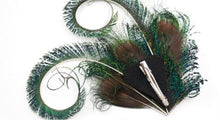Load image into Gallery viewer, Peacock Sword Feather and small. Medium Large , hair fascinator. Buttonhole Boutonniere Wedding
