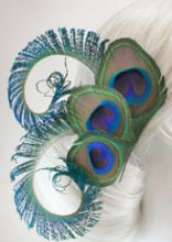 Load image into Gallery viewer, Peacock Sword Feather and small. Medium Large , hair fascinator. Buttonhole Boutonniere Wedding
