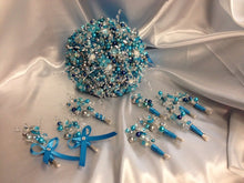 Load image into Gallery viewer, Pearl and crystal wedding bouquet  &amp;  boutonniere  flower girl wand many colours
