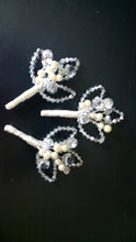 Load image into Gallery viewer, Crystal and pearl buttonhole  with Ab crystals  for a Winter wedding
