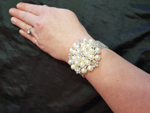 Load image into Gallery viewer, Wrist corsage ,Crystal &amp; Pearl Wedding Cuff, bridesmaid Bracelet,  silver. gold or rose gold tone
