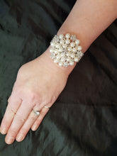 Load image into Gallery viewer, Wrist corsage ,Crystal &amp; Pearl Wedding Cuff, bridesmaid Bracelet,  silver. gold or rose gold tone
