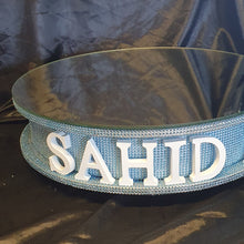 Load image into Gallery viewer, Personalised Cake stand ,carved wooden words wedding.birthday cake base + lights , RHINESTONE EFFECT FINISH

