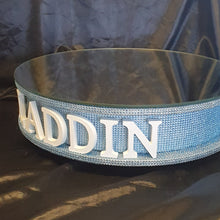 Load image into Gallery viewer, Personalised Cake stand ,carved wooden words wedding.birthday cake base + lights , RHINESTONE EFFECT FINISH
