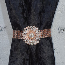 Load image into Gallery viewer, Crystal BroochTie Backs, rose gold and rhinestone Curtains hold backs, magnetic holders
