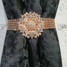 Load image into Gallery viewer, Crystal BroochTie Backs, rose gold and rhinestone Curtains hold backs, magnetic holders
