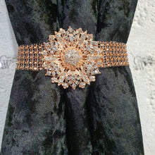 Load image into Gallery viewer, Crystal BroochTie Backs, rose gold and rhinestone Curtains hold backs, magnetic holders
