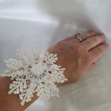 Load image into Gallery viewer, Snowflake wrist corsage for a Winter wedding Wrist Corsage - Winter Wedding  Corsage -Perfect for a Christmas Wedding or Winter Formal event
