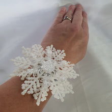 Load image into Gallery viewer, Snowflake wrist corsage for a Winter wedding Wrist Corsage - Winter Wedding  Corsage -Perfect for a Christmas Wedding or Winter Formal event
