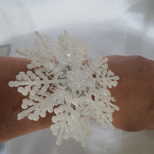 Load image into Gallery viewer, Snowflake wrist corsage for a Winter wedding Wrist Corsage - Winter Wedding  Corsage -Perfect for a Christmas Wedding or Winter Formal event

