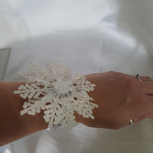 Load image into Gallery viewer, Snowflake wrist corsage for a Winter wedding Wrist Corsage - Winter Wedding  Corsage -Perfect for a Christmas Wedding or Winter Formal event
