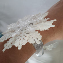 Load image into Gallery viewer, Snowflake wrist corsage for a Winter wedding Wrist Corsage - Winter Wedding  Corsage -Perfect for a Christmas Wedding or Winter Formal event
