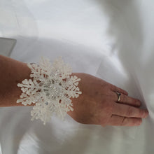Load image into Gallery viewer, Snowflake wrist corsage for a Winter wedding Wrist Corsage - Winter Wedding  Corsage -Perfect for a Christmas Wedding or Winter Formal event
