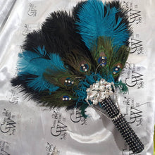 Load image into Gallery viewer, Wedding feather fan, brides ostrich  + peacock fan teal black wedding hand fan Great Gatsby  made by Crystal wedding uk
