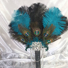 Load image into Gallery viewer, Wedding feather fan, brides ostrich  + peacock fan teal black wedding hand fan Great Gatsby  made by Crystal wedding uk
