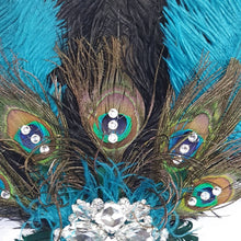 Load image into Gallery viewer, Wedding feather fan, brides ostrich  + peacock fan teal black wedding hand fan Great Gatsby  made by Crystal wedding uk
