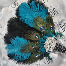 Load image into Gallery viewer, Wedding feather fan, brides ostrich  + peacock fan teal black wedding hand fan Great Gatsby  made by Crystal wedding uk
