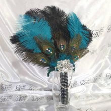 Load image into Gallery viewer, Wedding feather fan, brides ostrich  + peacock fan teal black wedding hand fan Great Gatsby  made by Crystal wedding uk

