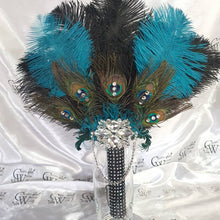 Load image into Gallery viewer, Wedding feather fan, brides ostrich  + peacock fan teal black wedding hand fan Great Gatsby  made by Crystal wedding uk
