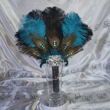 Load image into Gallery viewer, Wedding feather fan, brides ostrich  + peacock fan teal black wedding hand fan Great Gatsby  made by Crystal wedding uk
