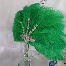 Load image into Gallery viewer, Wedding feather fan,  Green feather brides ostrich fan, wedding hand fan, Great Gatsby  any colour as custom made by Crystal wedding uk
