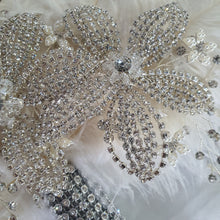 Load image into Gallery viewer, Feather fan bouquet, crystal flowers, BRIDES HAND FAN - any colour as custom made by Crystal wedding uk
