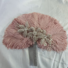 Load image into Gallery viewer, Feather fan bouquet, crystal flowers, BRIDES HAND FAN - any colour as custom made by Crystal wedding uk
