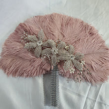 Load image into Gallery viewer, Feather fan bouquet, crystal flowers, BRIDES HAND FAN - any colour as custom made by Crystal wedding uk
