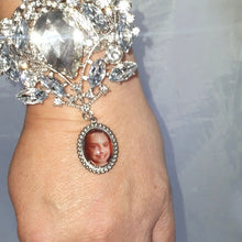 Load image into Gallery viewer, Photo Wedding  charm corsage, Personalised corsage, wrist corsage, Silver brooch photo, Wedding bracelet by Crystal wedding uk
