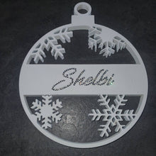 Load image into Gallery viewer, Snowflake Tree bauble made using Swarovski elements, Personalised bauble, Monogram name hanging tree decoration By Crystal wedding uk

