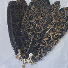 Load image into Gallery viewer, Gatsby feather Fan,  black &amp; gold 1920&#39;s  print, smalll Bridesmaid wedding fan- by Crystal wedding uk

