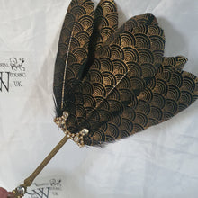 Load image into Gallery viewer, Gatsby feather Fan,  black &amp; gold 1920&#39;s  print, smalll Bridesmaid wedding fan- by Crystal wedding uk
