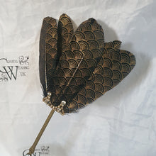 Load image into Gallery viewer, Gatsby feather Fan,  black &amp; gold 1920&#39;s  print, smalll Bridesmaid wedding fan- by Crystal wedding uk
