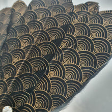 Load image into Gallery viewer, Gatsby feather Fan,  black &amp; gold 1920&#39;s  print, smalll Bridesmaid wedding fan- by Crystal wedding uk
