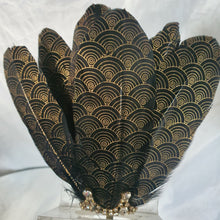 Load image into Gallery viewer, Gatsby feather Fan,  black &amp; gold 1920&#39;s  print, smalll Bridesmaid wedding fan- by Crystal wedding uk
