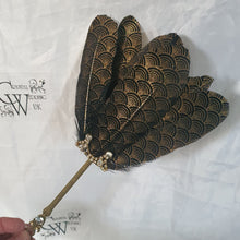 Load image into Gallery viewer, Gatsby feather Fan,  black &amp; gold 1920&#39;s  print, smalll Bridesmaid wedding fan- by Crystal wedding uk

